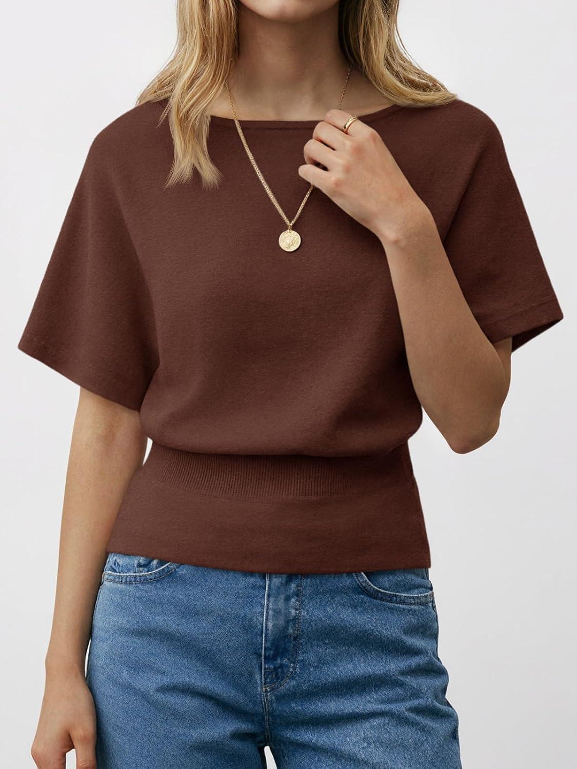 image:imageSaodimallsu Womens Boat Neck Summer Tops Batwing Dolman Short Sleeve Trendy Ribbed Knit Cinched Waist Knit Sweater TopCoffee