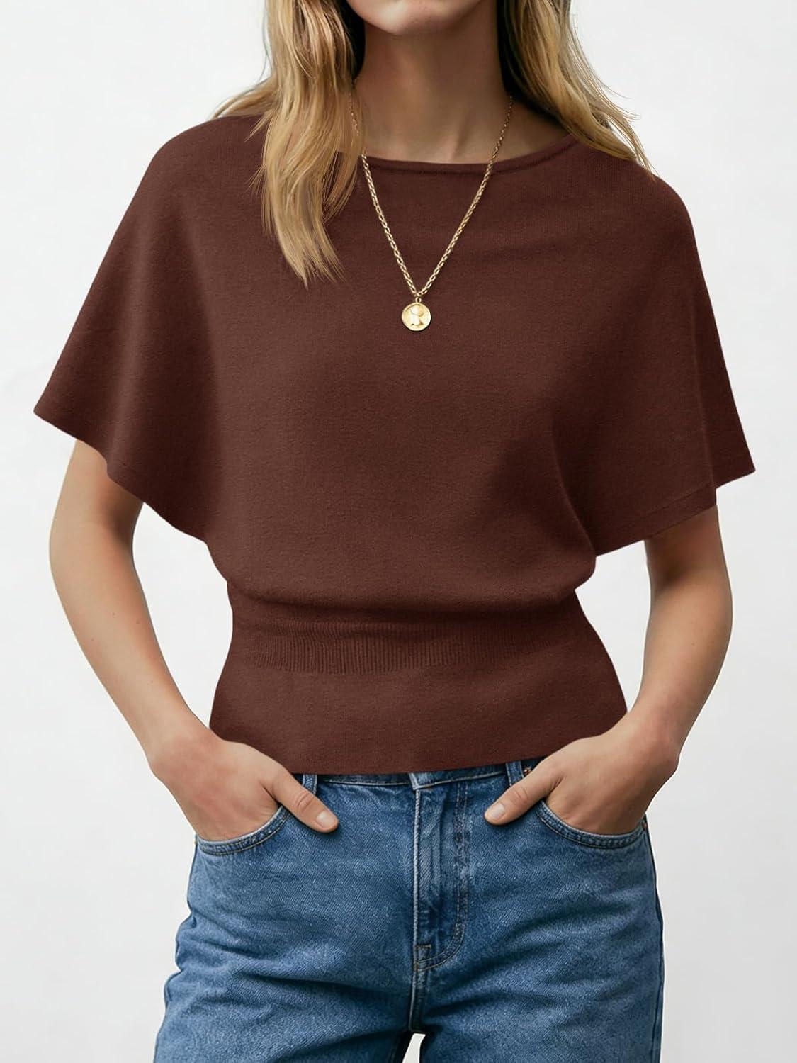 image:imageSaodimallsu Womens Boat Neck Summer Tops Batwing Dolman Short Sleeve Trendy Ribbed Knit Cinched Waist Knit Sweater TopCoffee