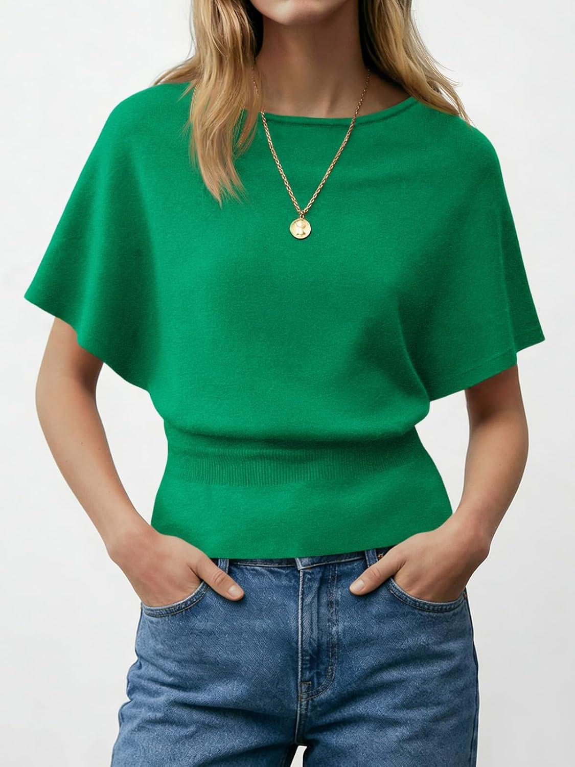 image:imageSaodimallsu Womens Boat Neck Summer Tops Batwing Dolman Short Sleeve Trendy Ribbed Knit Cinched Waist Knit Sweater TopGreen