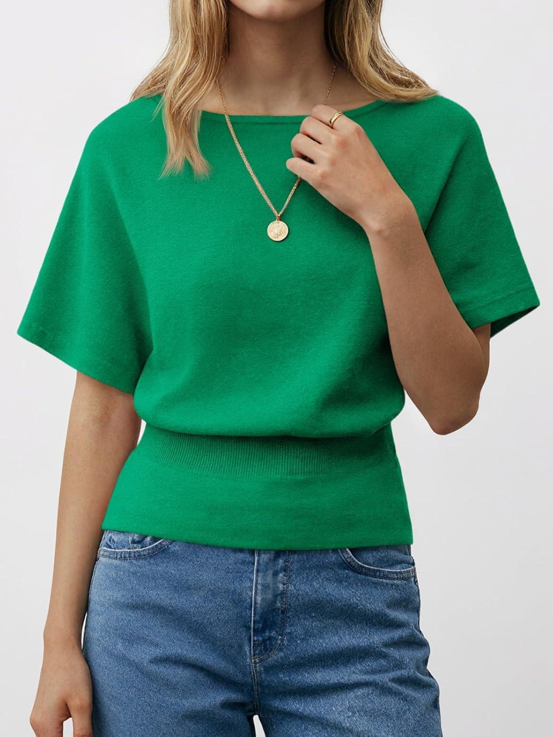 image:imageSaodimallsu Womens Boat Neck Summer Tops Batwing Dolman Short Sleeve Trendy Ribbed Knit Cinched Waist Knit Sweater TopGreen