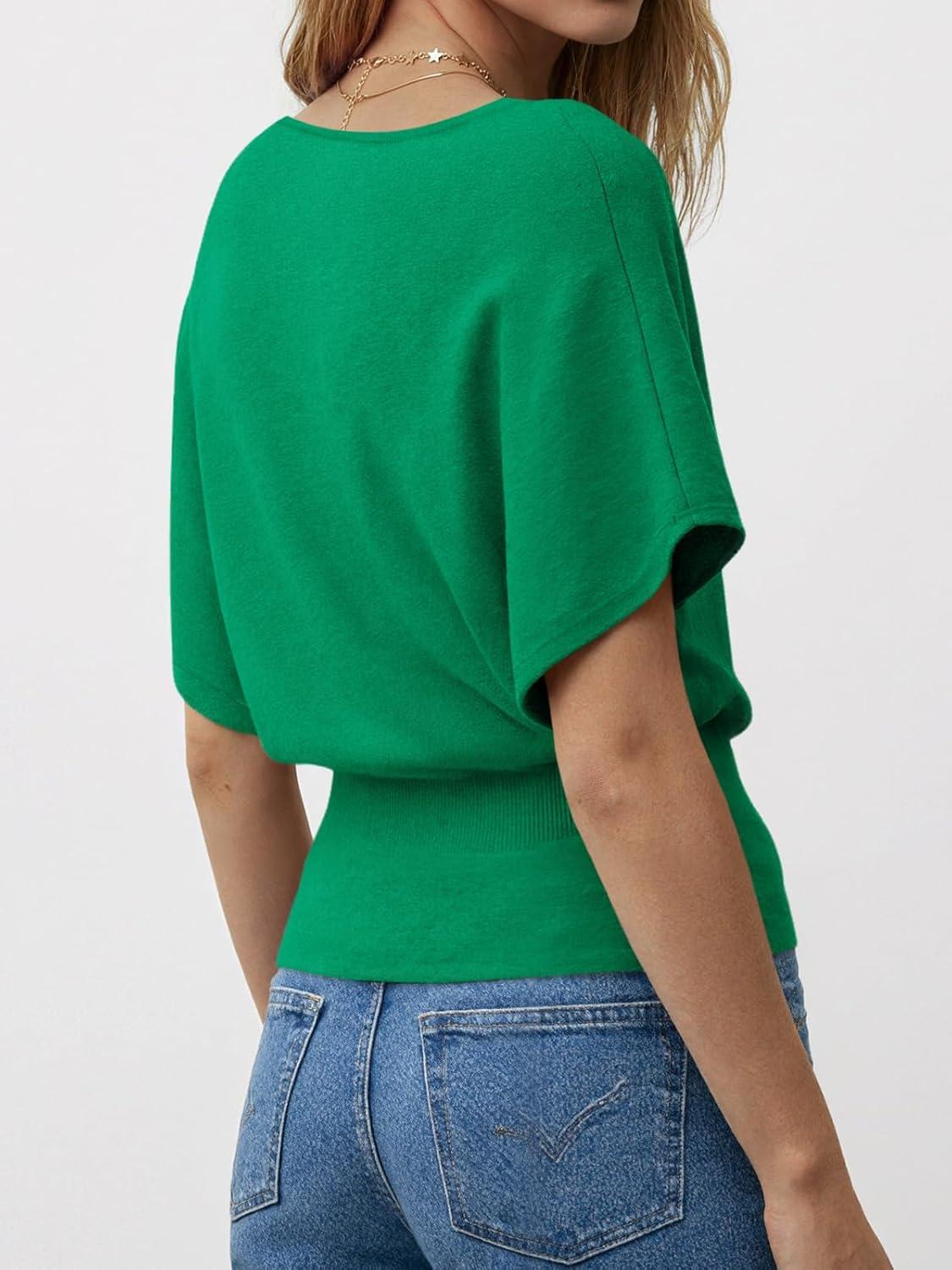 image:imageSaodimallsu Womens Boat Neck Summer Tops Batwing Dolman Short Sleeve Trendy Ribbed Knit Cinched Waist Knit Sweater TopGreen