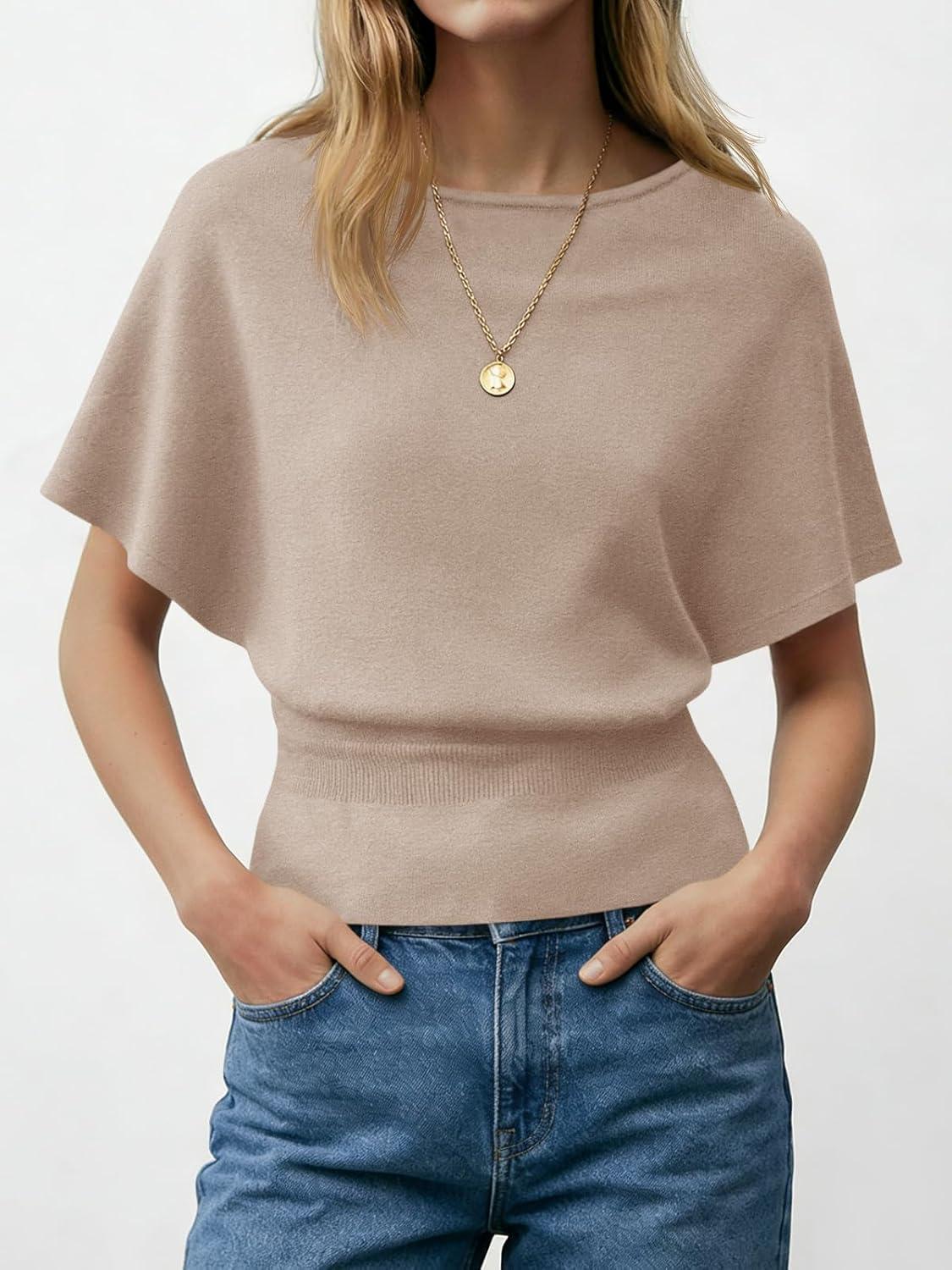 image:imageSaodimallsu Womens Boat Neck Summer Tops Batwing Dolman Short Sleeve Trendy Ribbed Knit Cinched Waist Knit Sweater TopKhaki