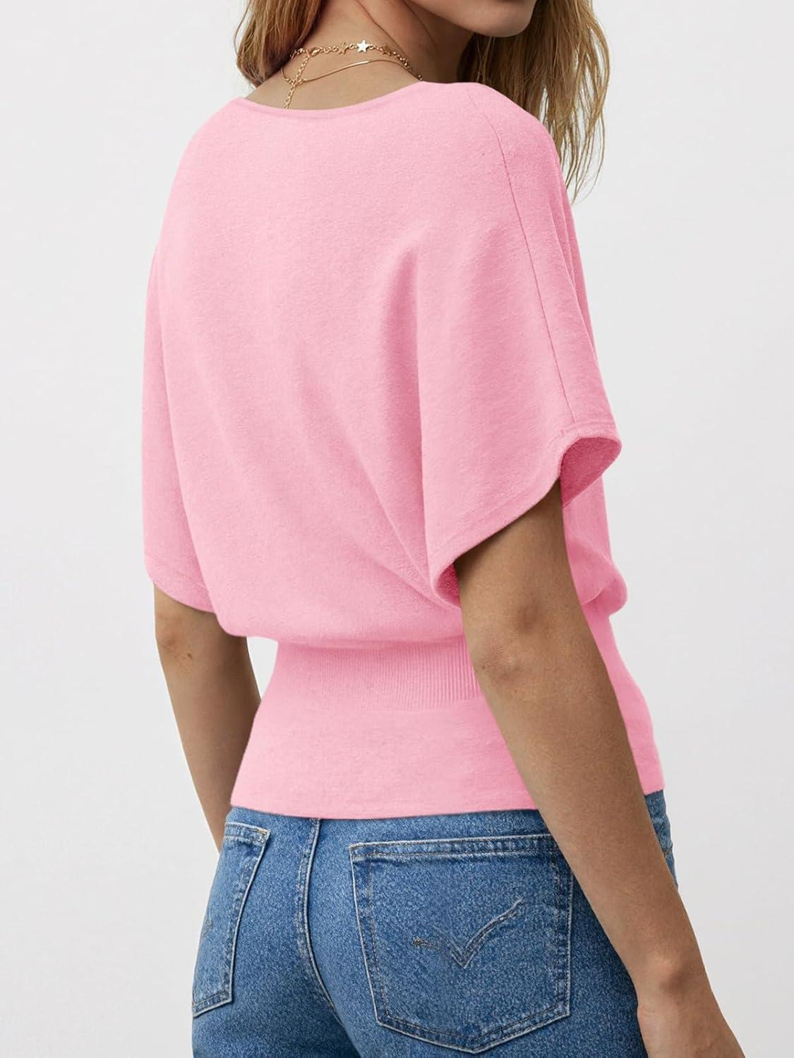 image:imageSaodimallsu Womens Boat Neck Summer Tops Batwing Dolman Short Sleeve Trendy Ribbed Knit Cinched Waist Knit Sweater TopPink