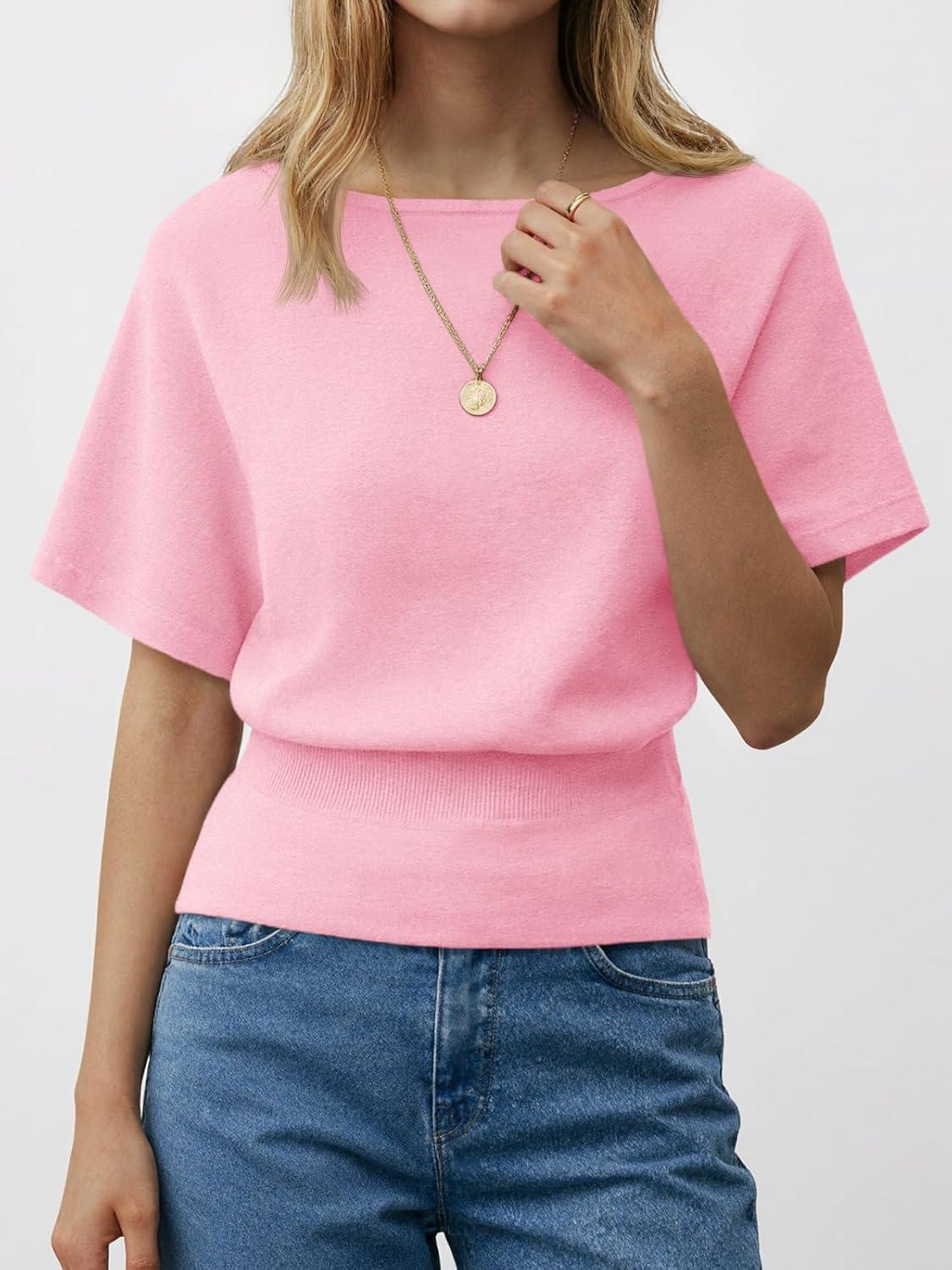 image:imageSaodimallsu Womens Boat Neck Summer Tops Batwing Dolman Short Sleeve Trendy Ribbed Knit Cinched Waist Knit Sweater TopPink