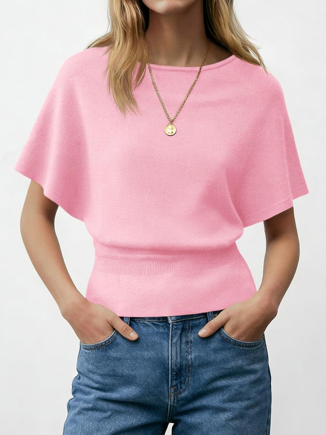 image:imageSaodimallsu Womens Boat Neck Summer Tops Batwing Dolman Short Sleeve Trendy Ribbed Knit Cinched Waist Knit Sweater TopPink