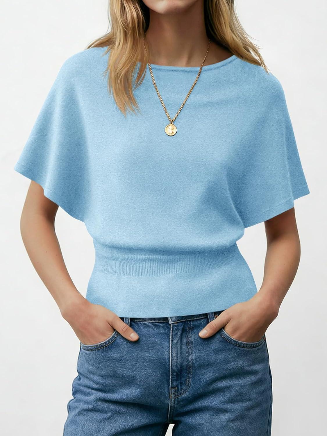 image:imageSaodimallsu Womens Boat Neck Summer Tops Batwing Dolman Short Sleeve Trendy Ribbed Knit Cinched Waist Knit Sweater TopSky Blue