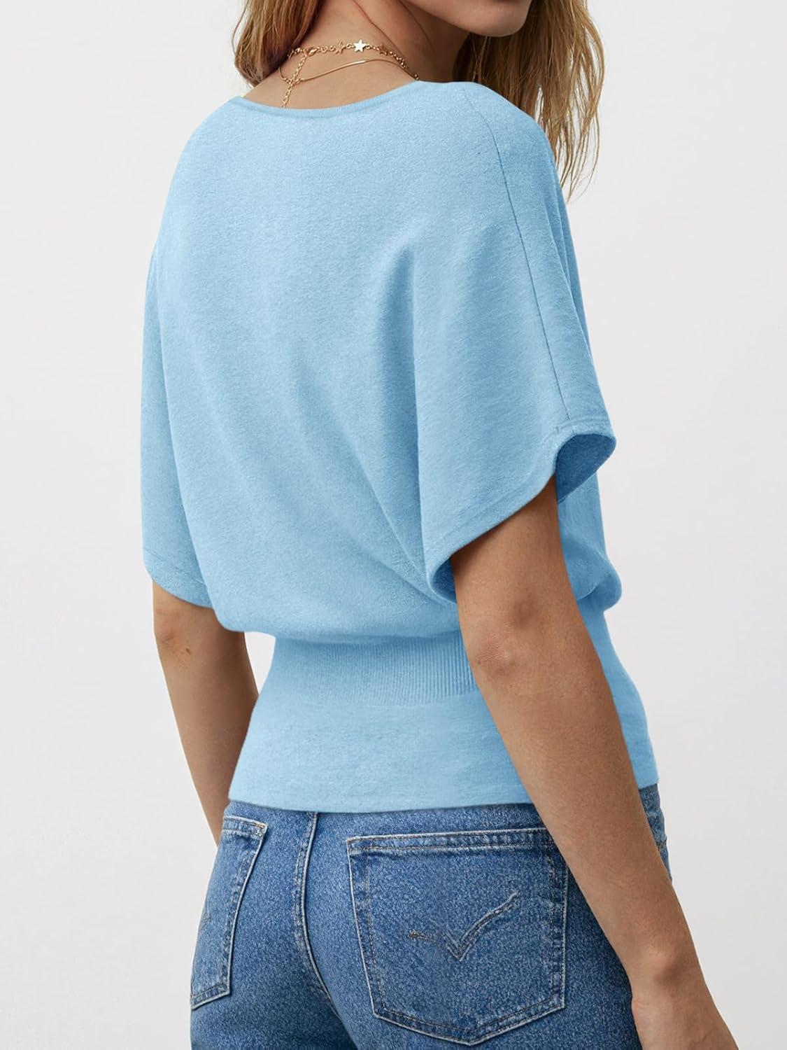 image:imageSaodimallsu Womens Boat Neck Summer Tops Batwing Dolman Short Sleeve Trendy Ribbed Knit Cinched Waist Knit Sweater TopSky Blue