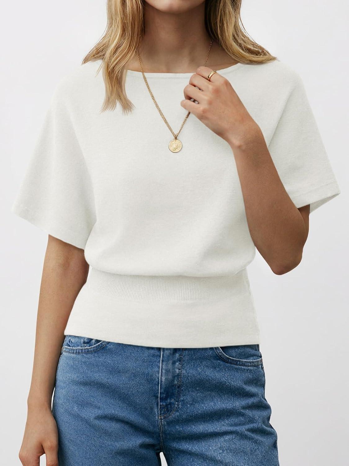 image:imageSaodimallsu Womens Boat Neck Summer Tops Batwing Dolman Short Sleeve Trendy Ribbed Knit Cinched Waist Knit Sweater TopWhite