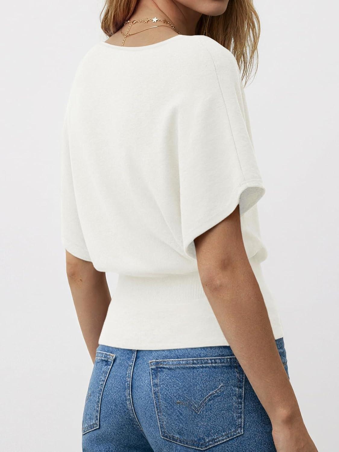 image:imageSaodimallsu Womens Boat Neck Summer Tops Batwing Dolman Short Sleeve Trendy Ribbed Knit Cinched Waist Knit Sweater TopWhite