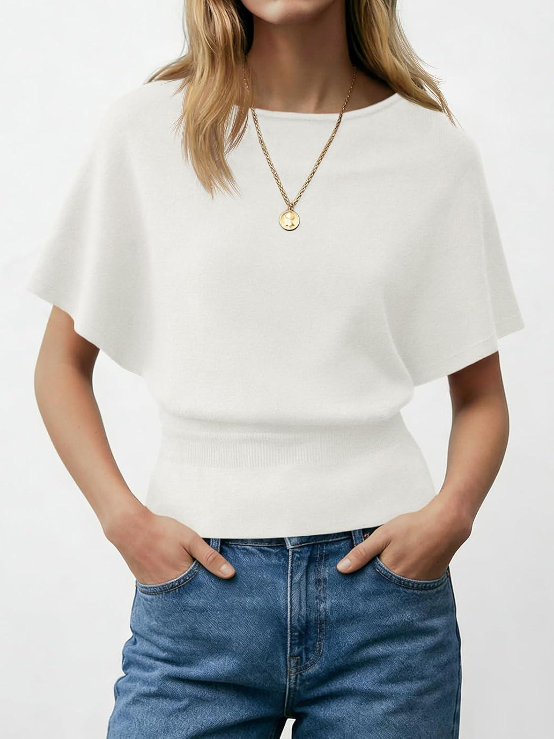 image:imageSaodimallsu Womens Boat Neck Summer Tops Batwing Dolman Short Sleeve Trendy Ribbed Knit Cinched Waist Knit Sweater TopWhite