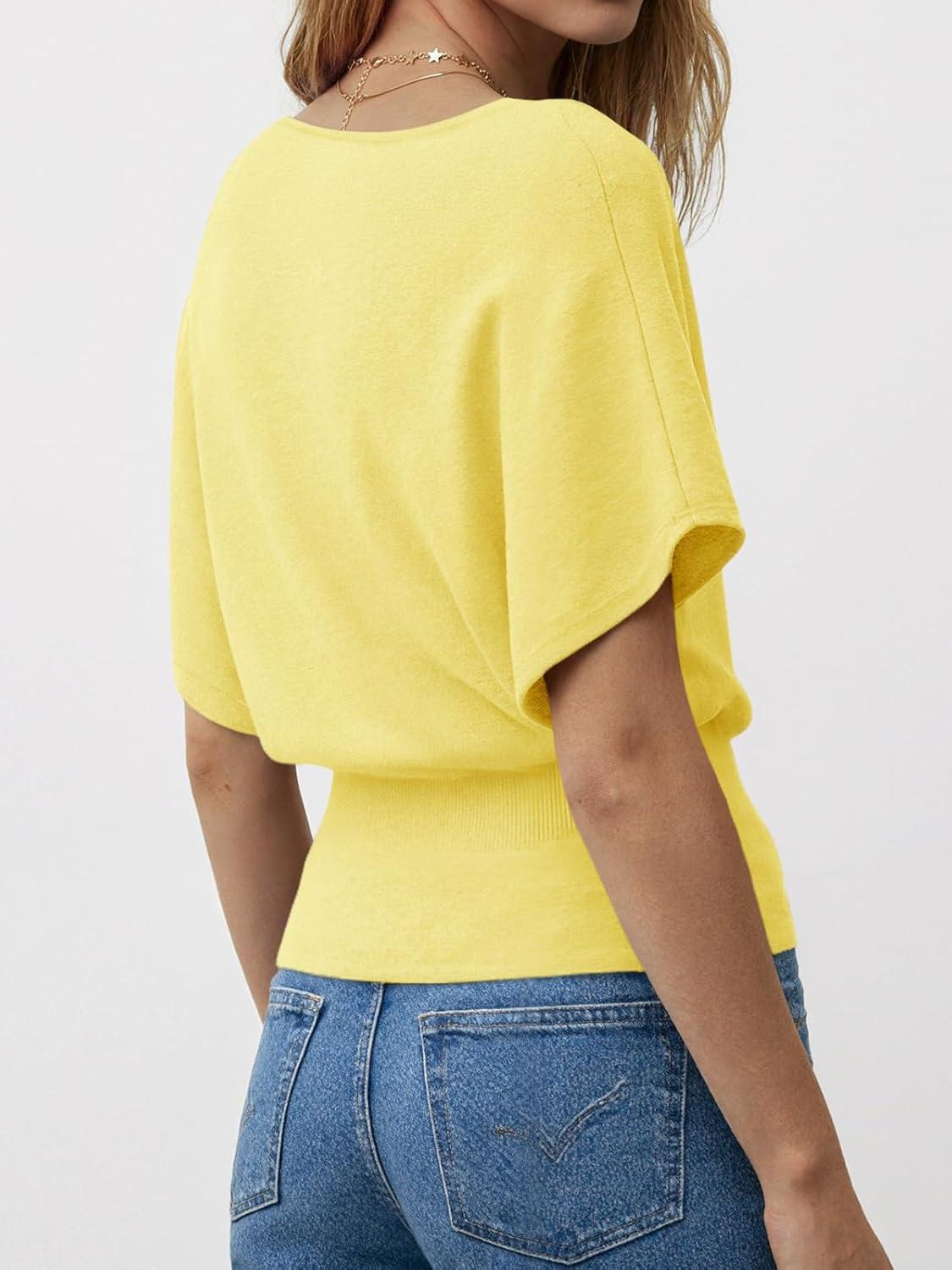 image:imageSaodimallsu Womens Boat Neck Summer Tops Batwing Dolman Short Sleeve Trendy Ribbed Knit Cinched Waist Knit Sweater TopYellow