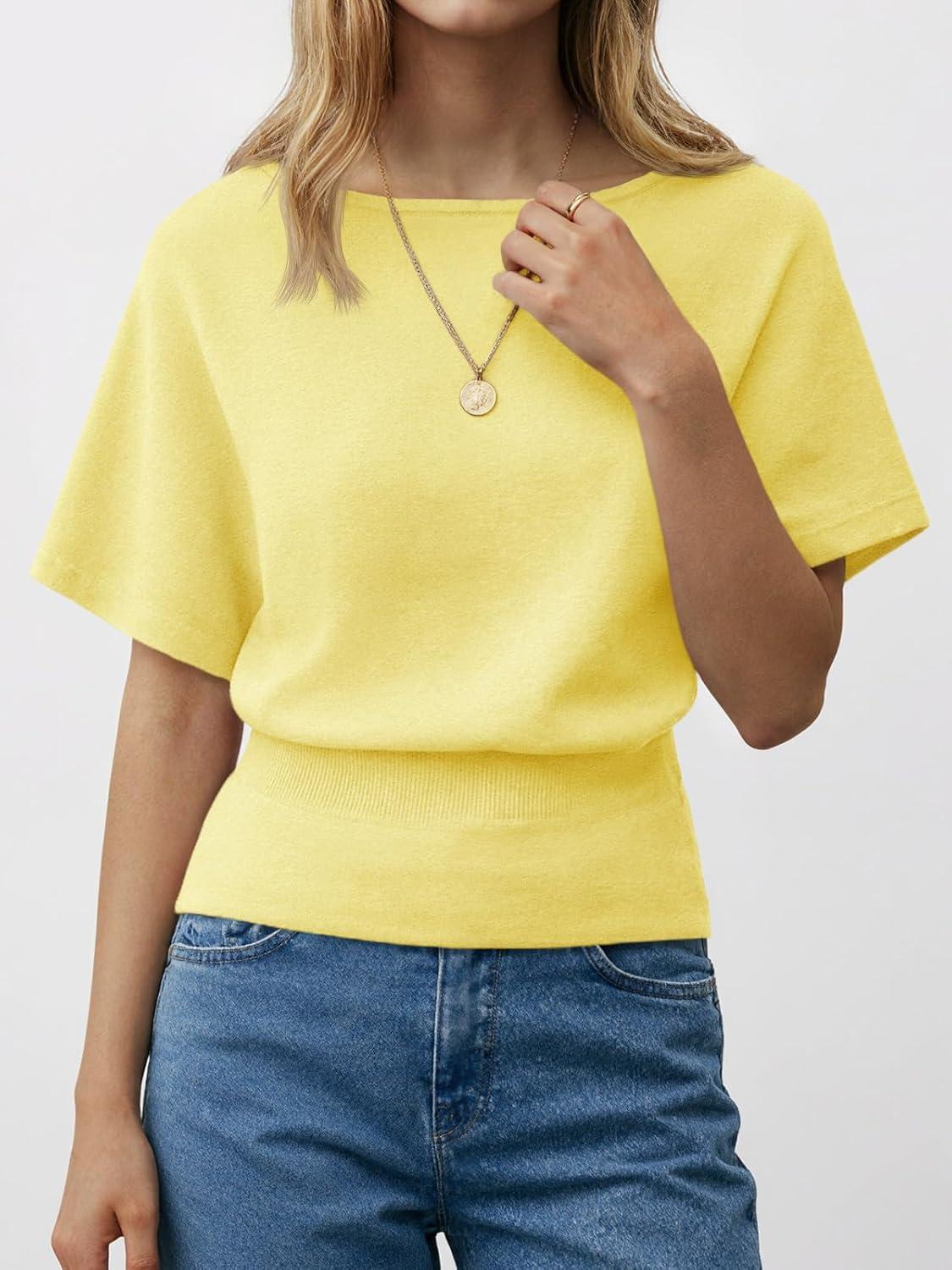 image:imageSaodimallsu Womens Boat Neck Summer Tops Batwing Dolman Short Sleeve Trendy Ribbed Knit Cinched Waist Knit Sweater TopYellow