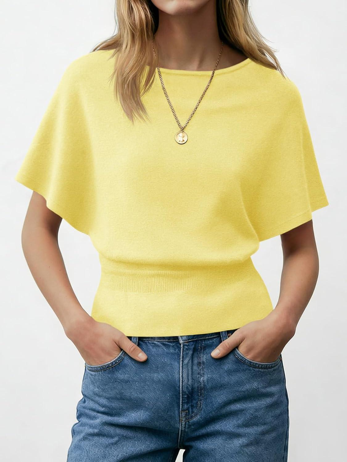 image:imageSaodimallsu Womens Boat Neck Summer Tops Batwing Dolman Short Sleeve Trendy Ribbed Knit Cinched Waist Knit Sweater TopYellow