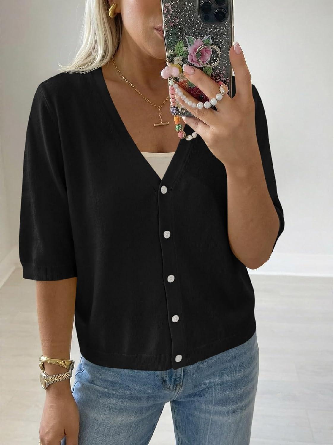 image:imageSaodimallsu Womens Half Short Sleeve Cardigans Summer Lightweight Knit V Neck Button Down Casual Sweater TopsBlack