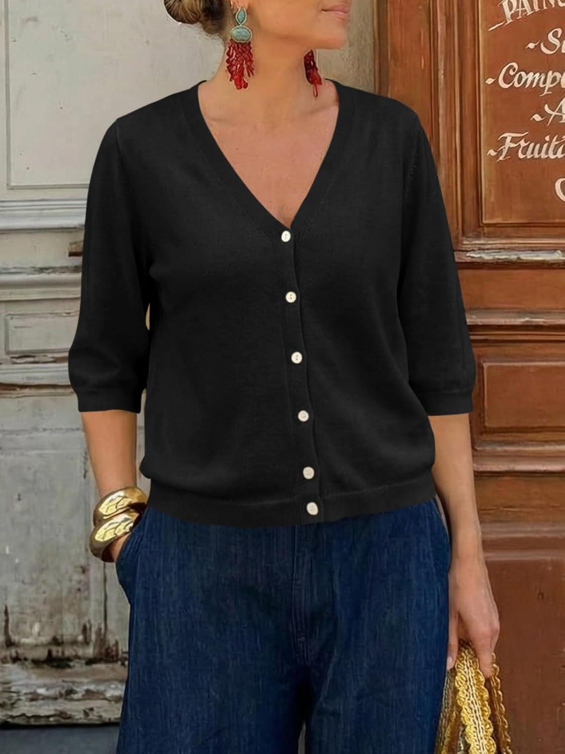 image:imageSaodimallsu Womens Half Short Sleeve Cardigans Summer Lightweight Knit V Neck Button Down Casual Sweater TopsBlack