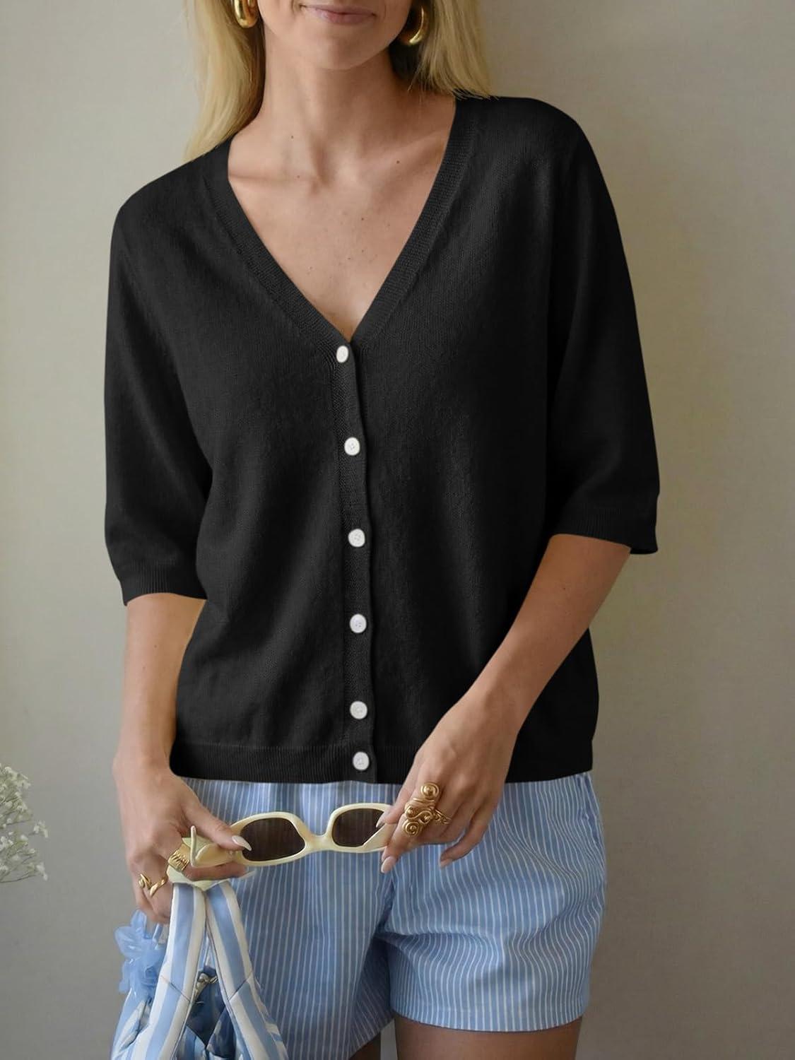 image:imageSaodimallsu Womens Half Short Sleeve Cardigans Summer Lightweight Knit V Neck Button Down Casual Sweater TopsBlack