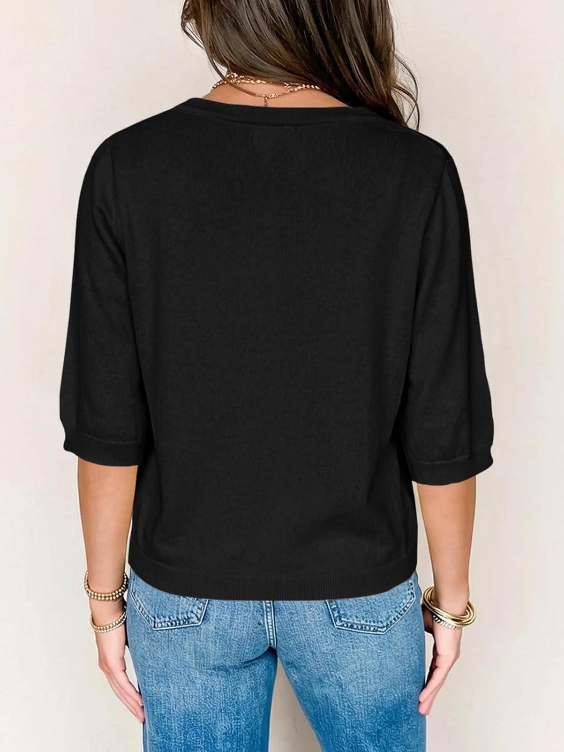 image:imageSaodimallsu Womens Half Short Sleeve Cardigans Summer Lightweight Knit V Neck Button Down Casual Sweater TopsBlack