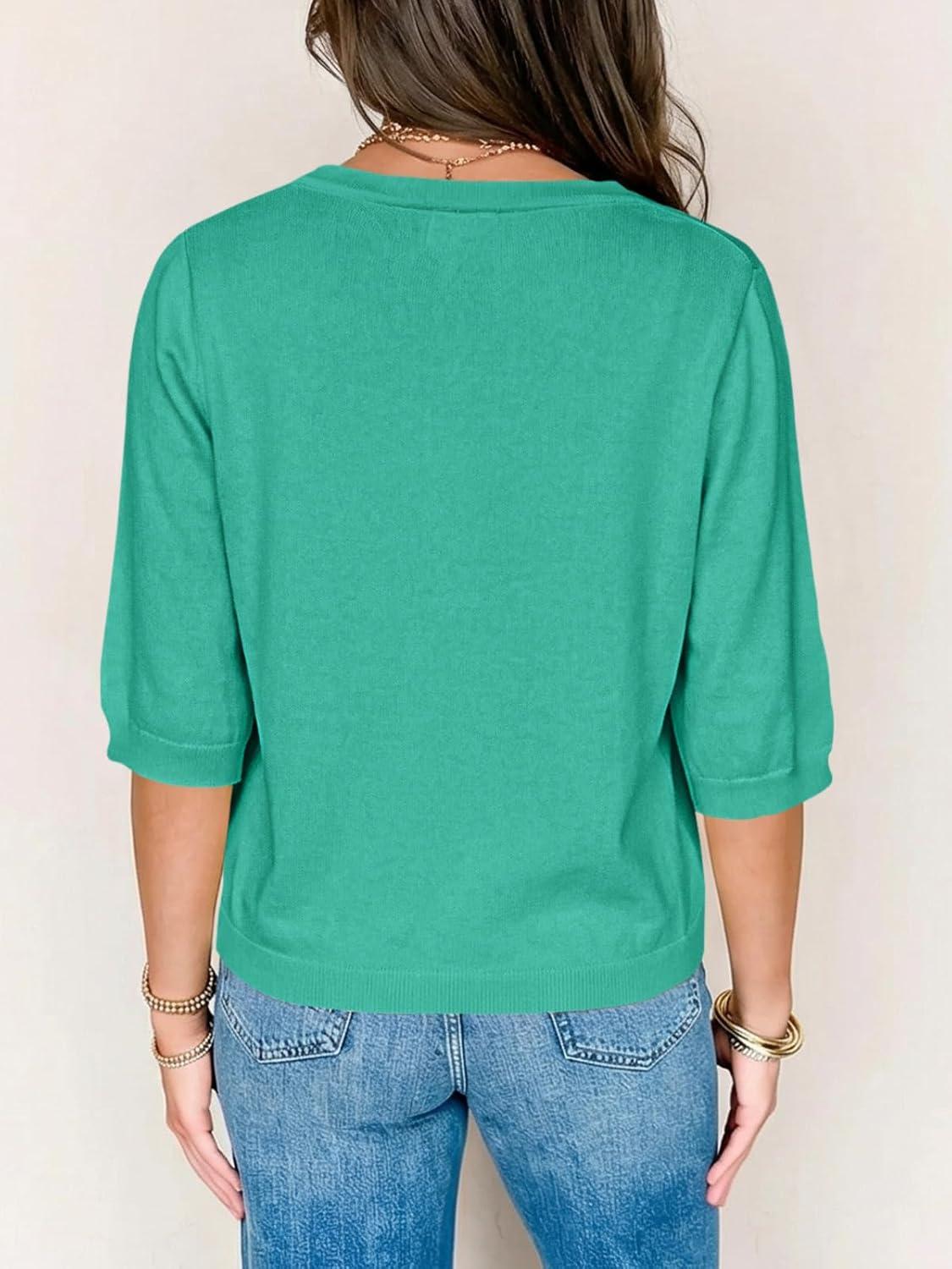 image:imageSaodimallsu Womens Half Short Sleeve Cardigans Summer Lightweight Knit V Neck Button Down Casual Sweater TopsGreen
