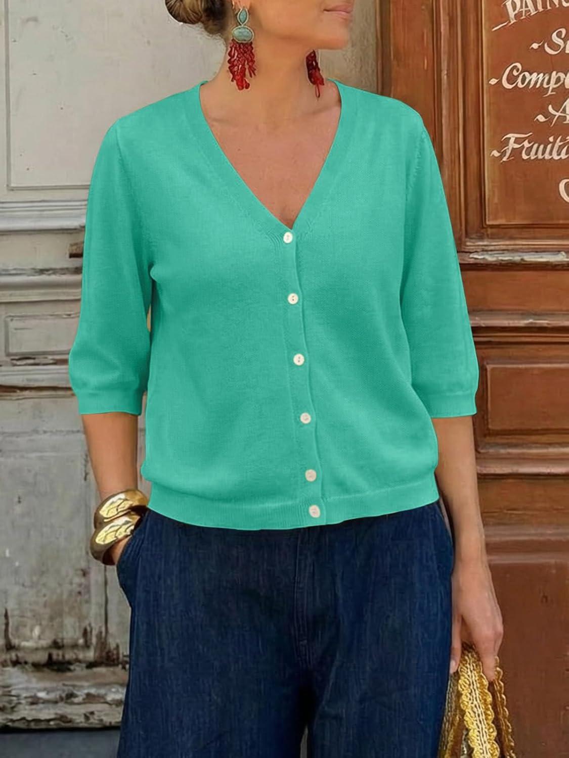 image:imageSaodimallsu Womens Half Short Sleeve Cardigans Summer Lightweight Knit V Neck Button Down Casual Sweater TopsGreen