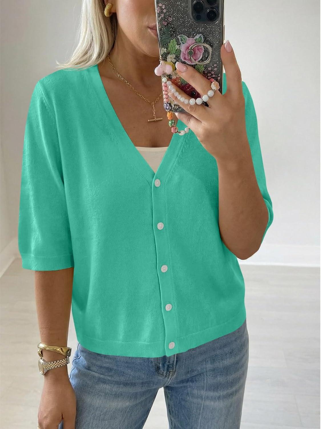 image:imageSaodimallsu Womens Half Short Sleeve Cardigans Summer Lightweight Knit V Neck Button Down Casual Sweater TopsGreen