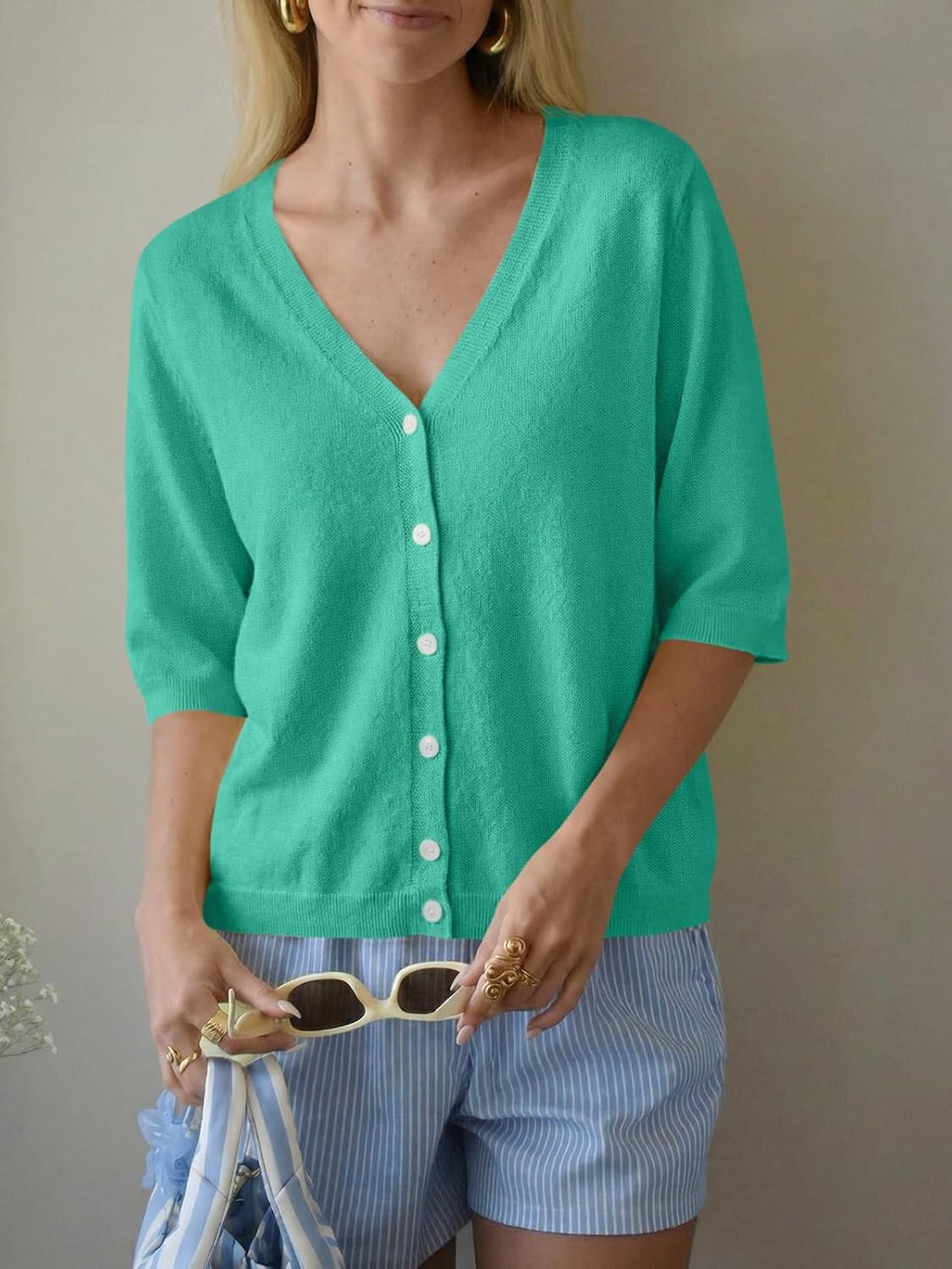 image:imageSaodimallsu Womens Half Short Sleeve Cardigans Summer Lightweight Knit V Neck Button Down Casual Sweater TopsGreen