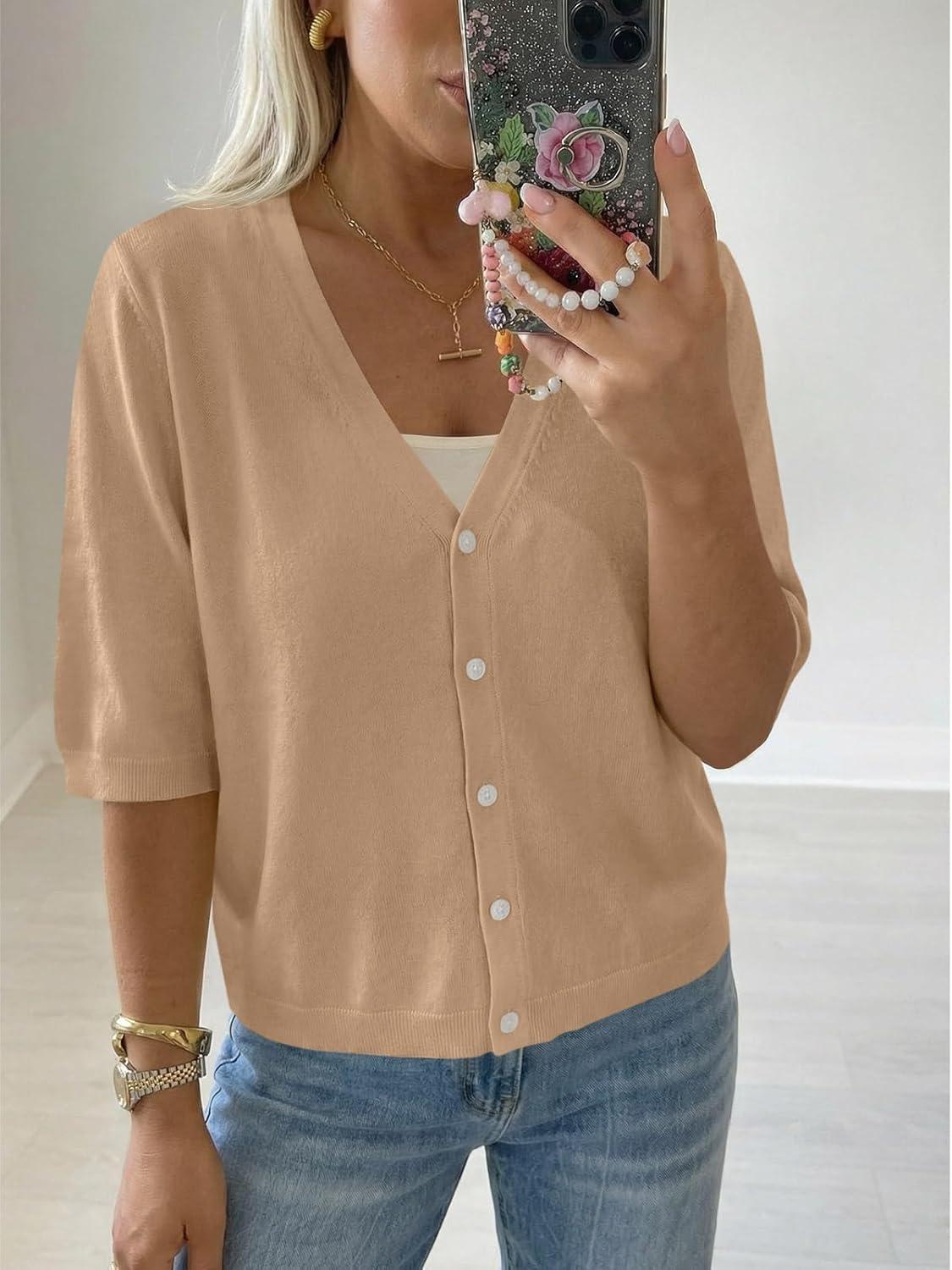image:imageSaodimallsu Womens Half Short Sleeve Cardigans Summer Lightweight Knit V Neck Button Down Casual Sweater TopsKhaki