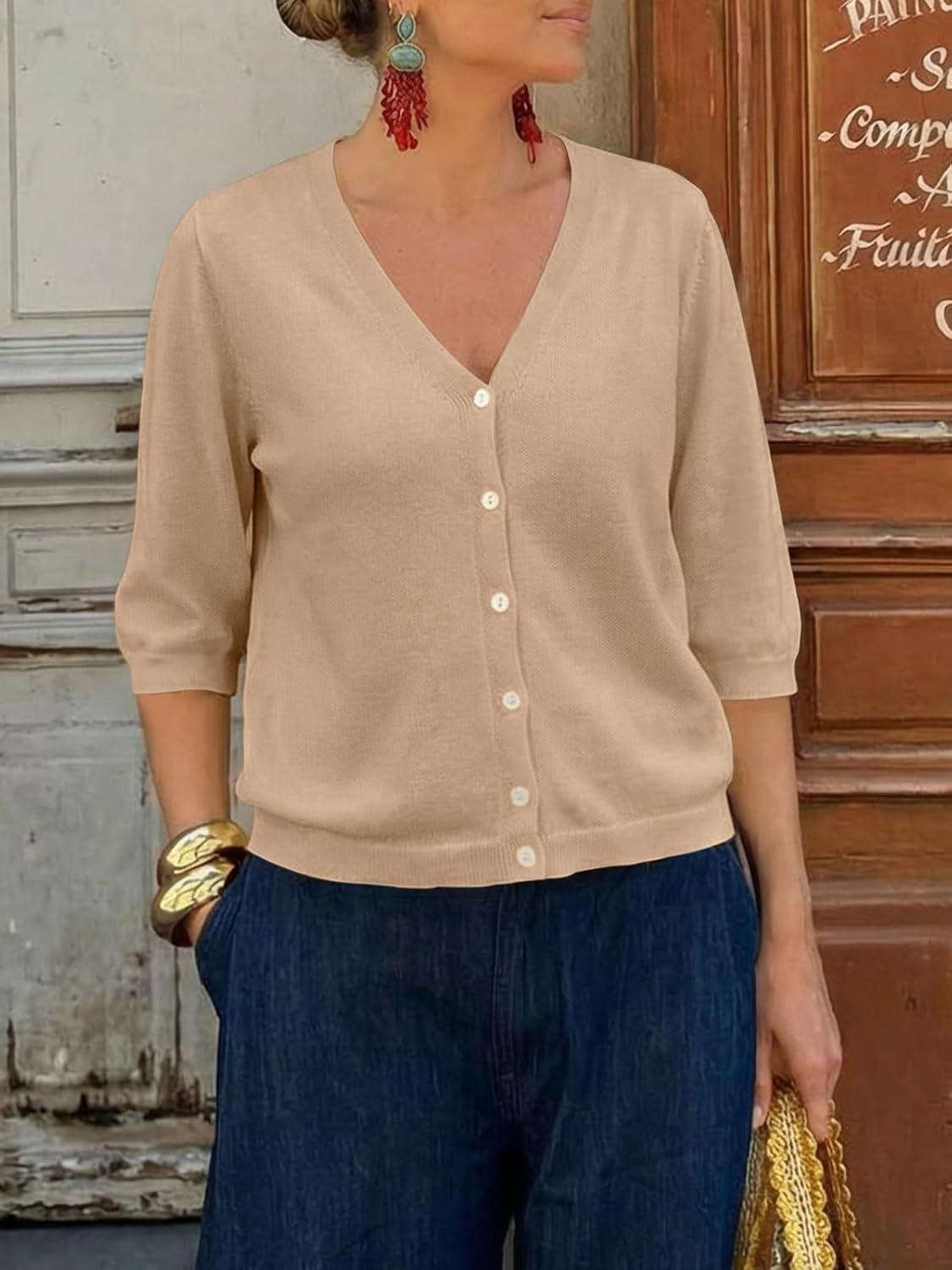 image:imageSaodimallsu Womens Half Short Sleeve Cardigans Summer Lightweight Knit V Neck Button Down Casual Sweater TopsKhaki