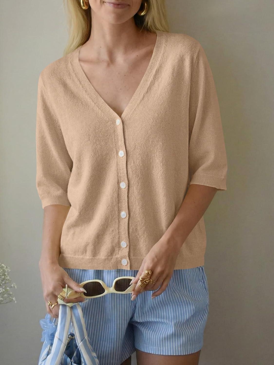 image:imageSaodimallsu Womens Half Short Sleeve Cardigans Summer Lightweight Knit V Neck Button Down Casual Sweater TopsKhaki