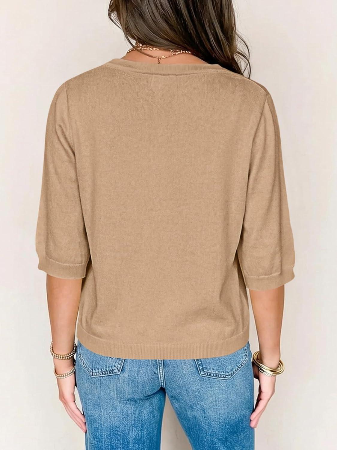 image:imageSaodimallsu Womens Half Short Sleeve Cardigans Summer Lightweight Knit V Neck Button Down Casual Sweater TopsKhaki