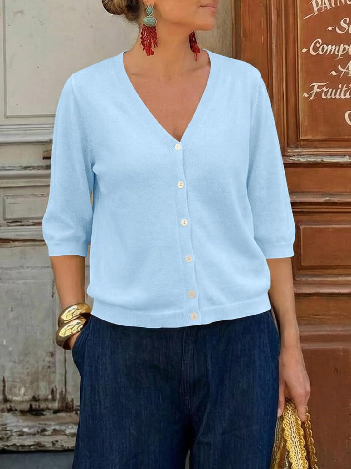 image:imageSaodimallsu Womens Half Short Sleeve Cardigans Summer Lightweight Knit V Neck Button Down Casual Sweater TopsSky Blue