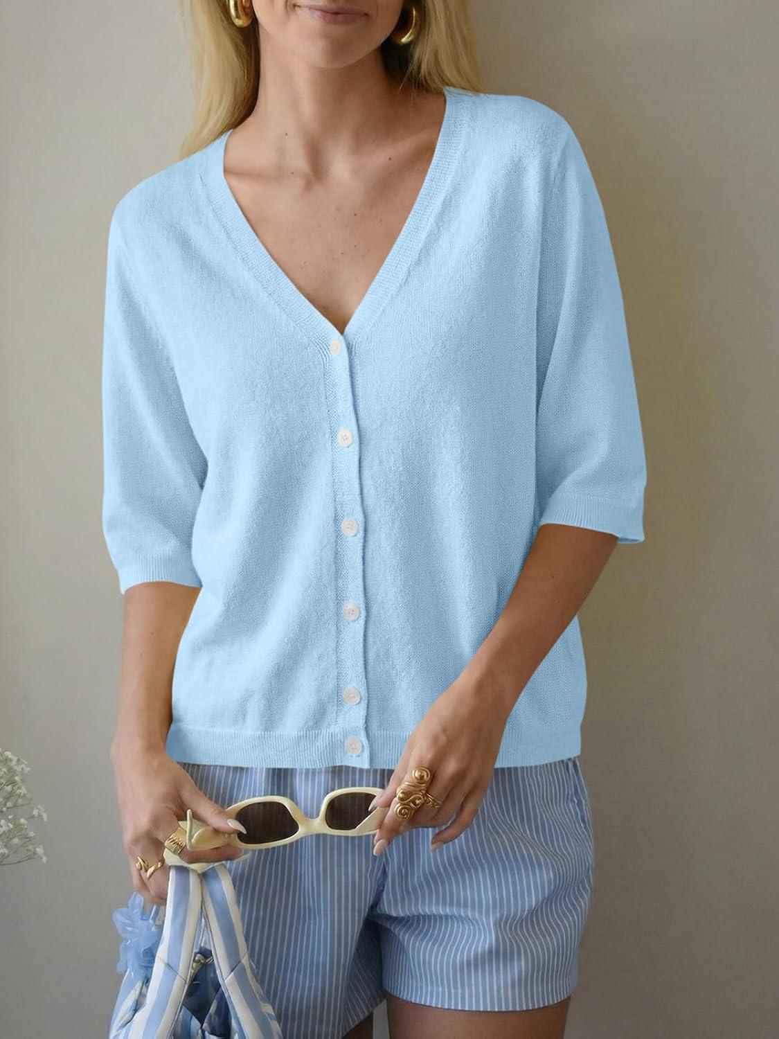 image:imageSaodimallsu Womens Half Short Sleeve Cardigans Summer Lightweight Knit V Neck Button Down Casual Sweater TopsSky Blue
