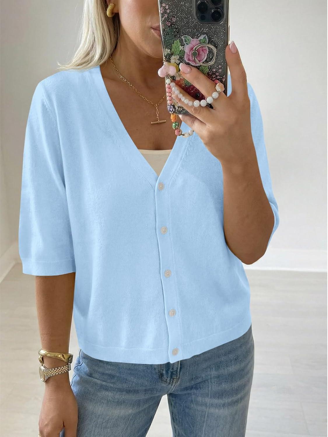 image:imageSaodimallsu Womens Half Short Sleeve Cardigans Summer Lightweight Knit V Neck Button Down Casual Sweater TopsSky Blue