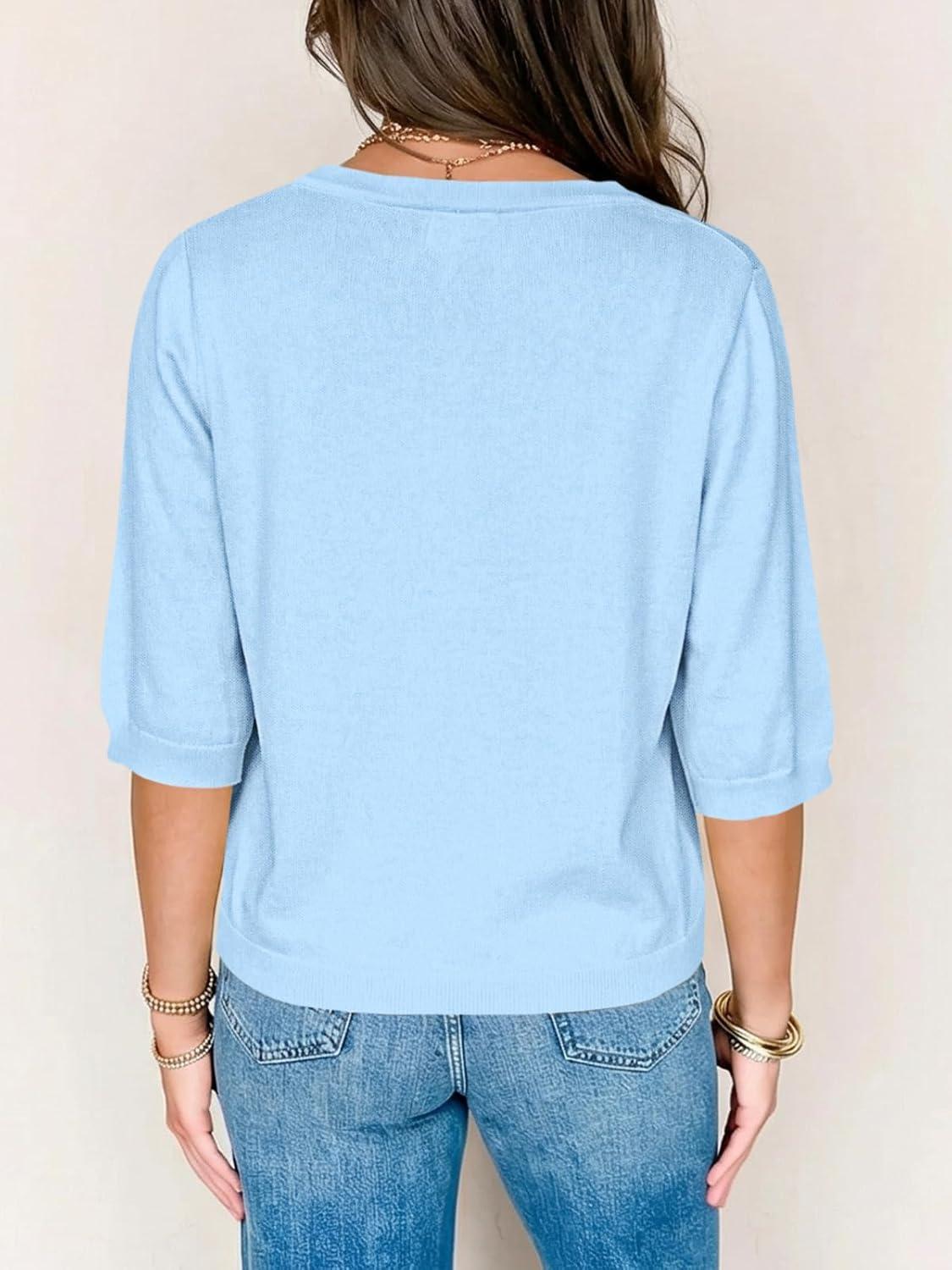 image:imageSaodimallsu Womens Half Short Sleeve Cardigans Summer Lightweight Knit V Neck Button Down Casual Sweater TopsSky Blue