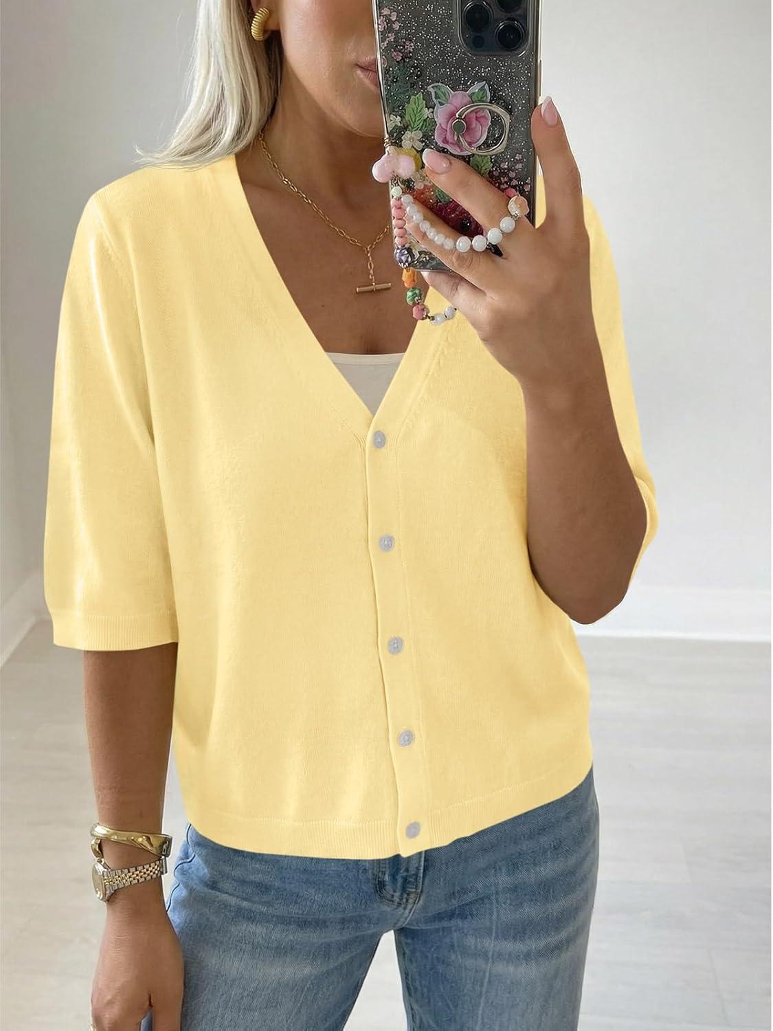 image:imageSaodimallsu Womens Half Short Sleeve Cardigans Summer Lightweight Knit V Neck Button Down Casual Sweater TopsYellow