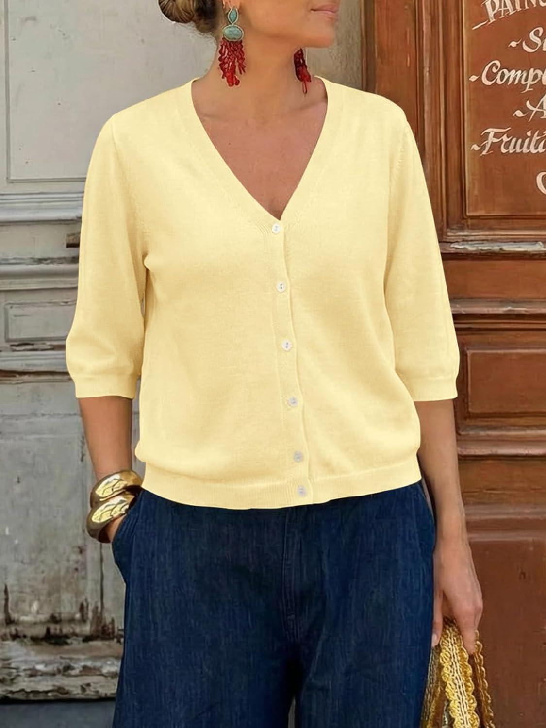 image:imageSaodimallsu Womens Half Short Sleeve Cardigans Summer Lightweight Knit V Neck Button Down Casual Sweater TopsYellow
