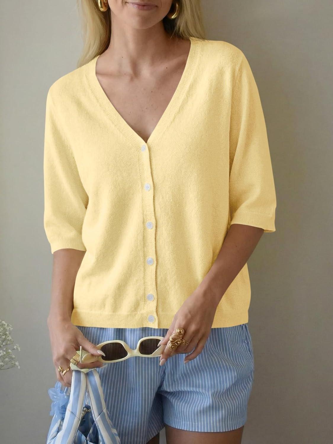 image:imageSaodimallsu Womens Half Short Sleeve Cardigans Summer Lightweight Knit V Neck Button Down Casual Sweater TopsYellow