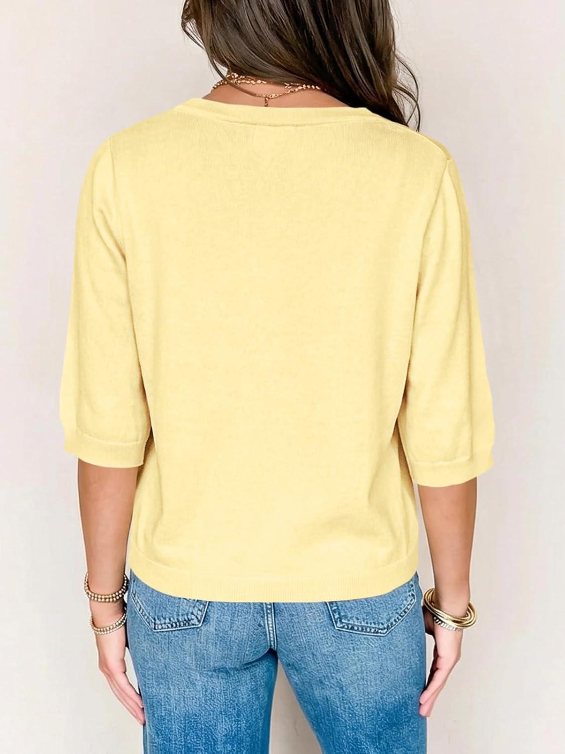 image:imageSaodimallsu Womens Half Short Sleeve Cardigans Summer Lightweight Knit V Neck Button Down Casual Sweater TopsYellow