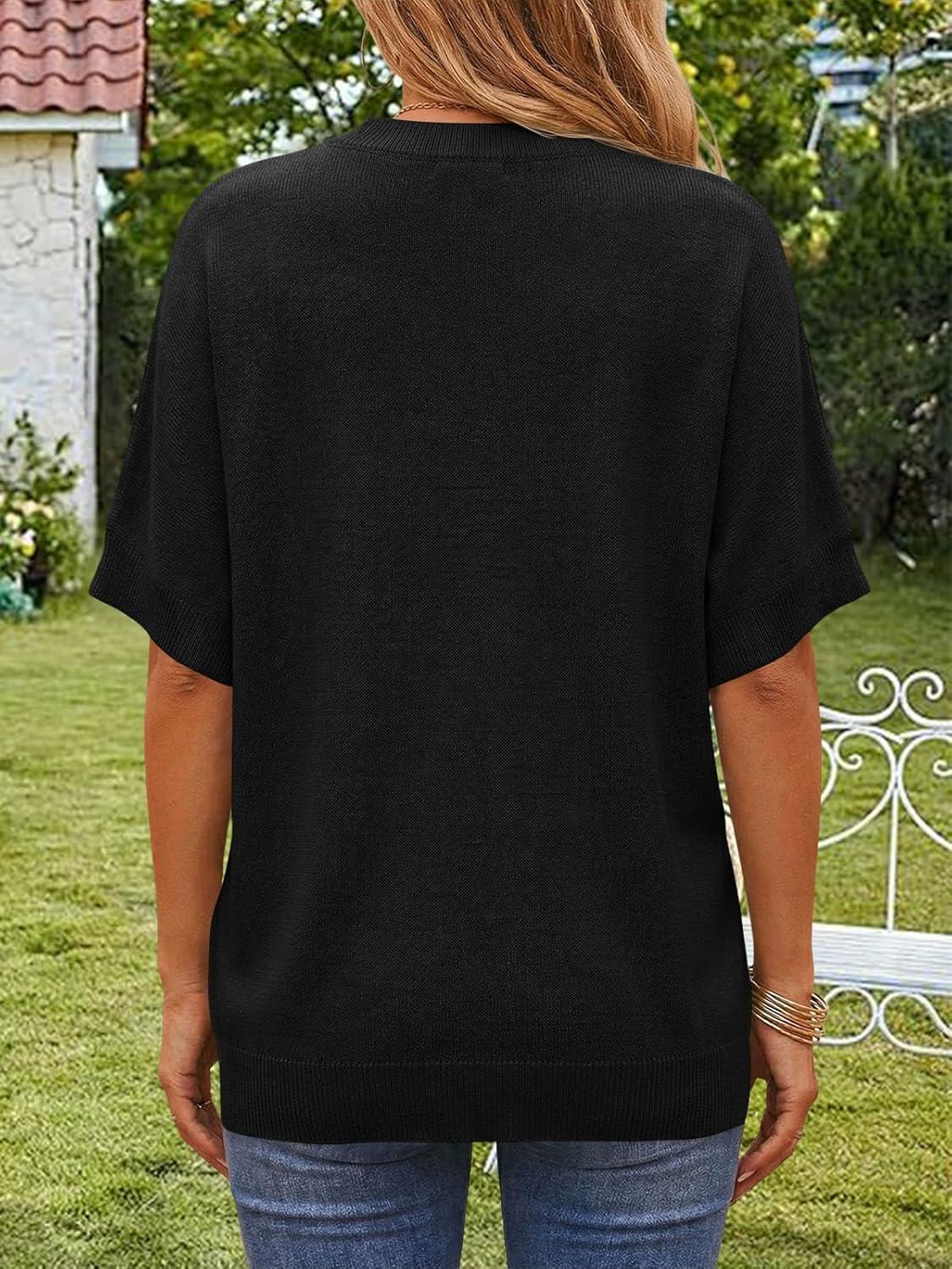 image:imageSaodimallsu Womens Short Batwing Sleeve Sweaters Oversized Crew Neck Casual Basic Knit Pullover Tops ShirtBlack