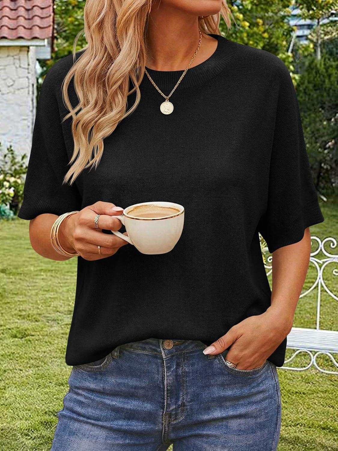 image:imageSaodimallsu Womens Short Batwing Sleeve Sweaters Oversized Crew Neck Casual Basic Knit Pullover Tops ShirtBlack