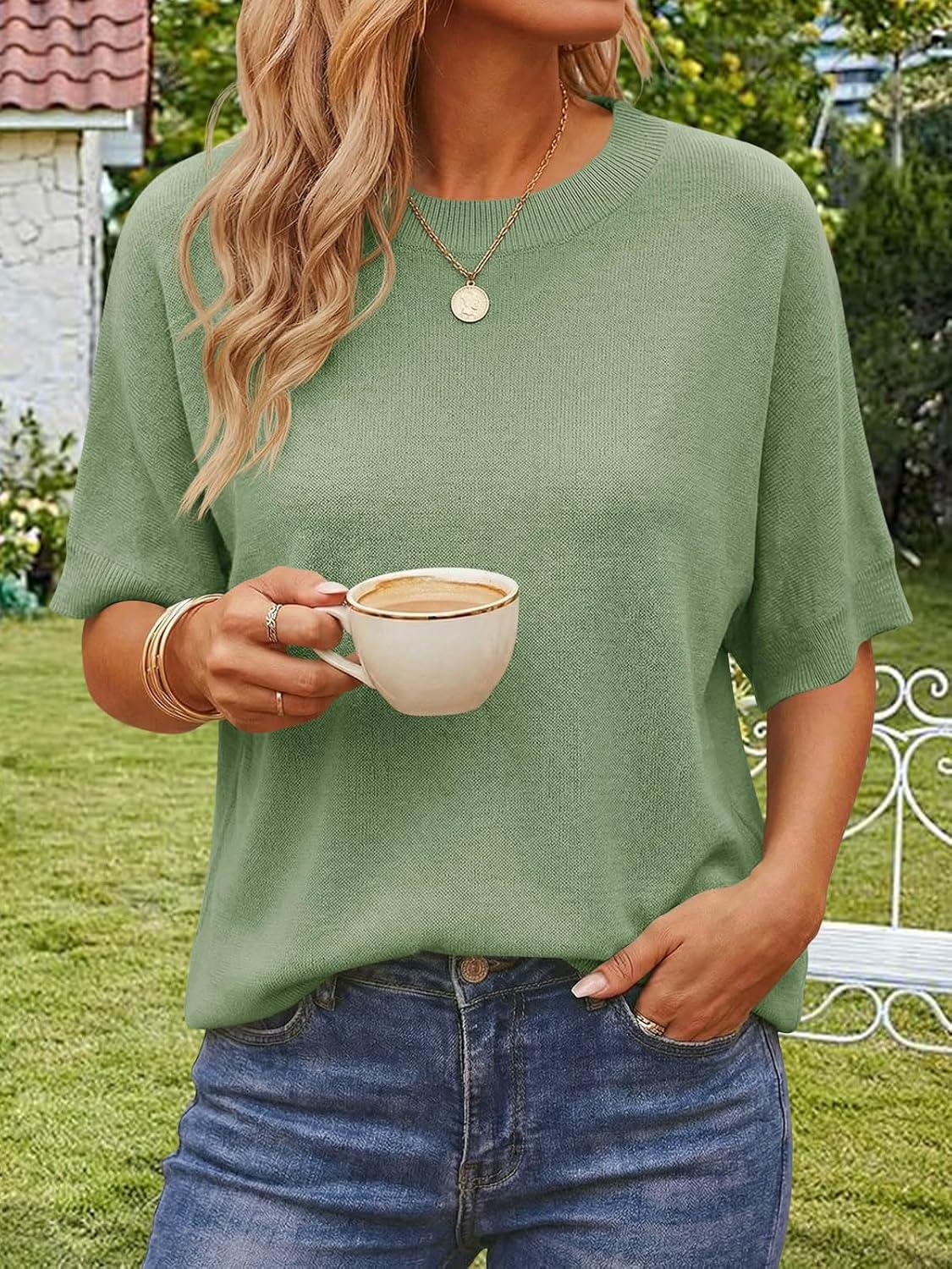 image:imageSaodimallsu Womens Short Batwing Sleeve Sweaters Oversized Crew Neck Casual Basic Knit Pullover Tops ShirtGreen