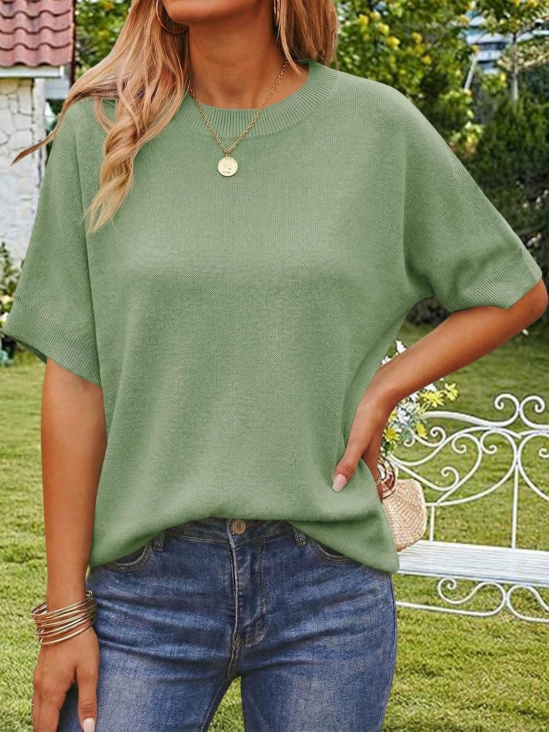 image:imageSaodimallsu Womens Short Batwing Sleeve Sweaters Oversized Crew Neck Casual Basic Knit Pullover Tops ShirtGreen