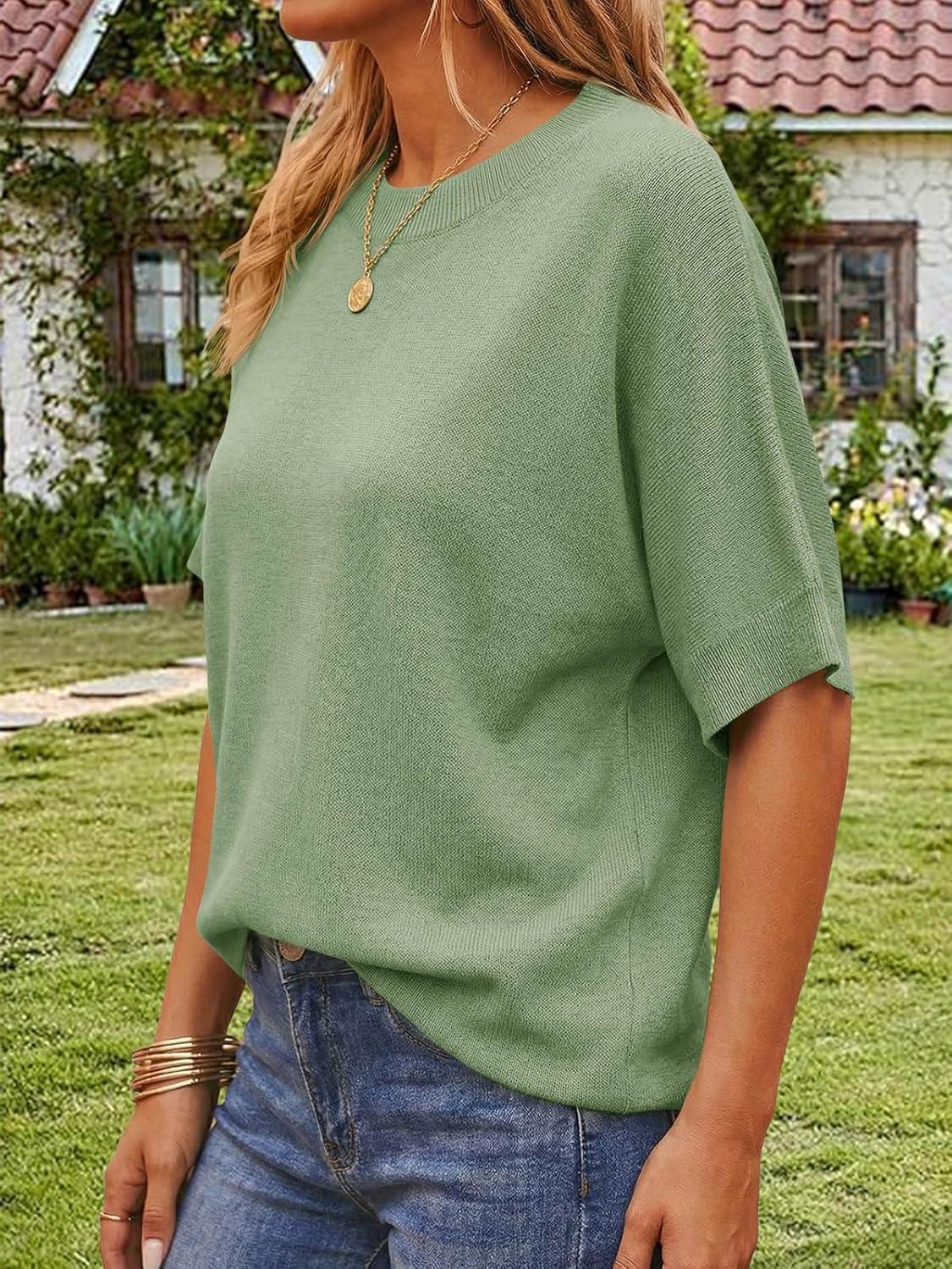 image:imageSaodimallsu Womens Short Batwing Sleeve Sweaters Oversized Crew Neck Casual Basic Knit Pullover Tops ShirtGreen