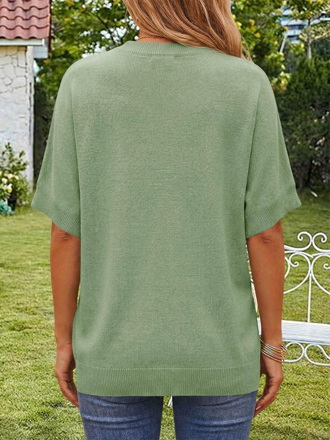 image:imageSaodimallsu Womens Short Batwing Sleeve Sweaters Oversized Crew Neck Casual Basic Knit Pullover Tops ShirtGreen