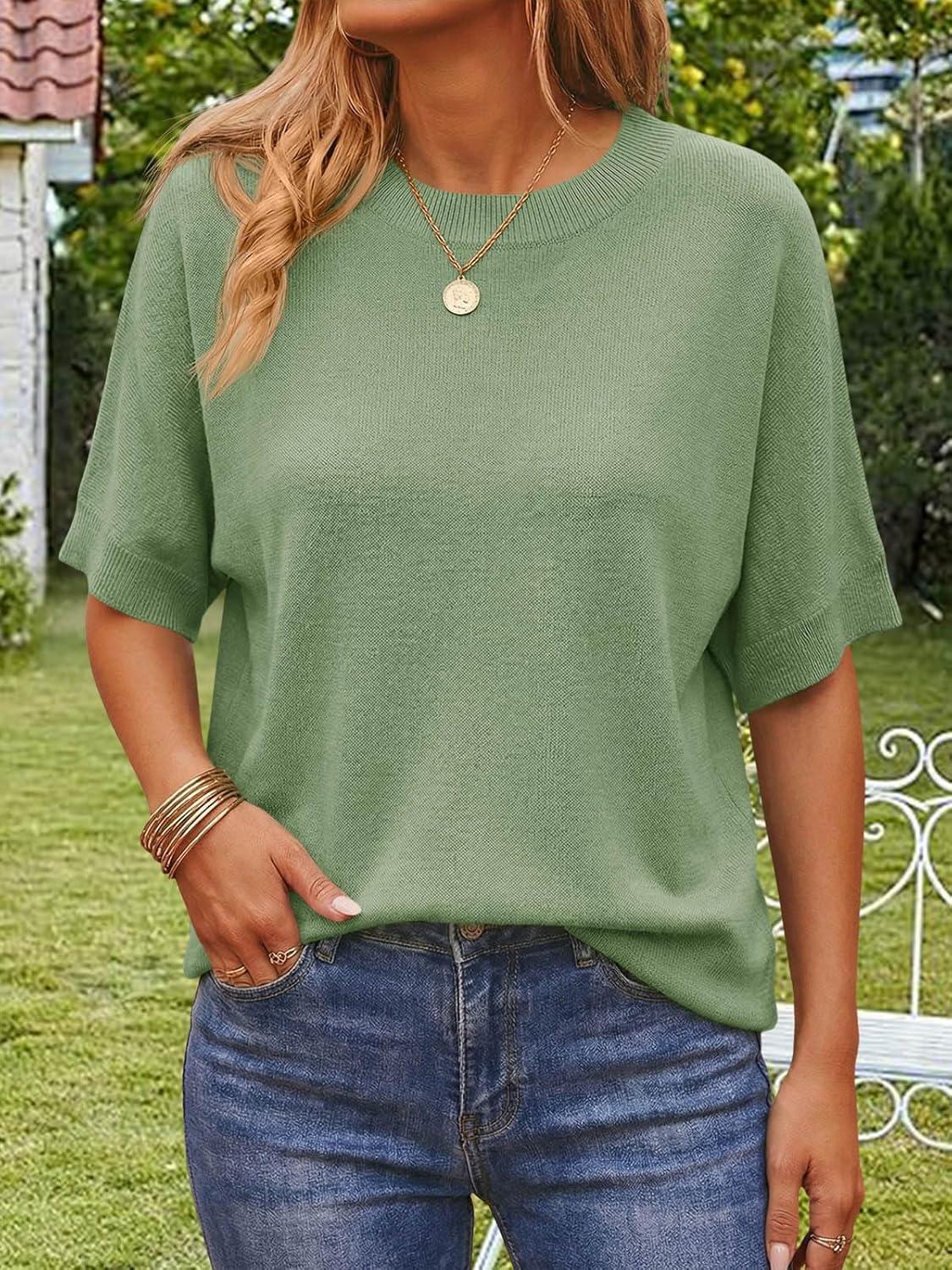 image:imageSaodimallsu Womens Short Batwing Sleeve Sweaters Oversized Crew Neck Casual Basic Knit Pullover Tops ShirtGreen