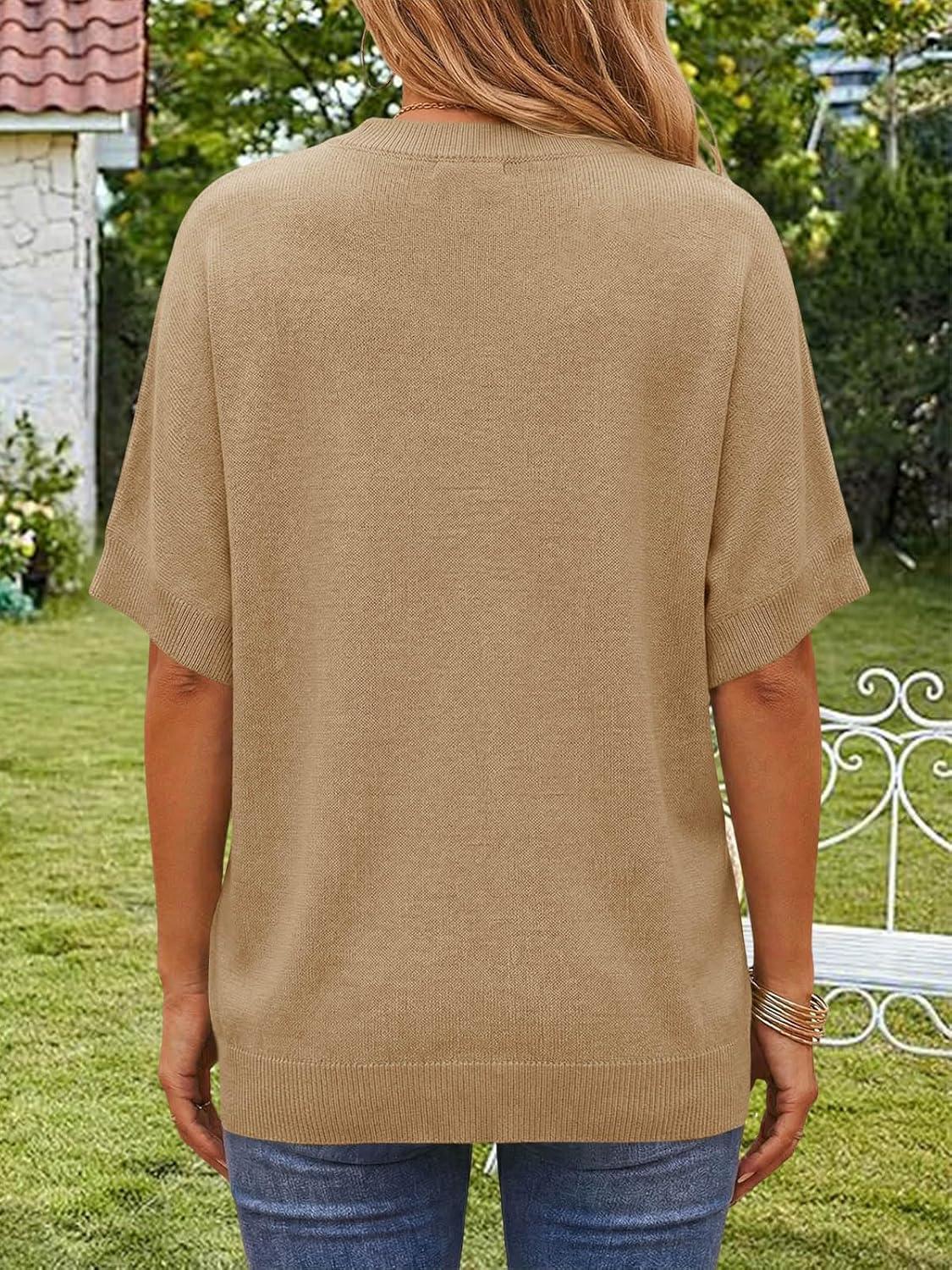 image:imageSaodimallsu Womens Short Batwing Sleeve Sweaters Oversized Crew Neck Casual Basic Knit Pullover Tops ShirtKhaki