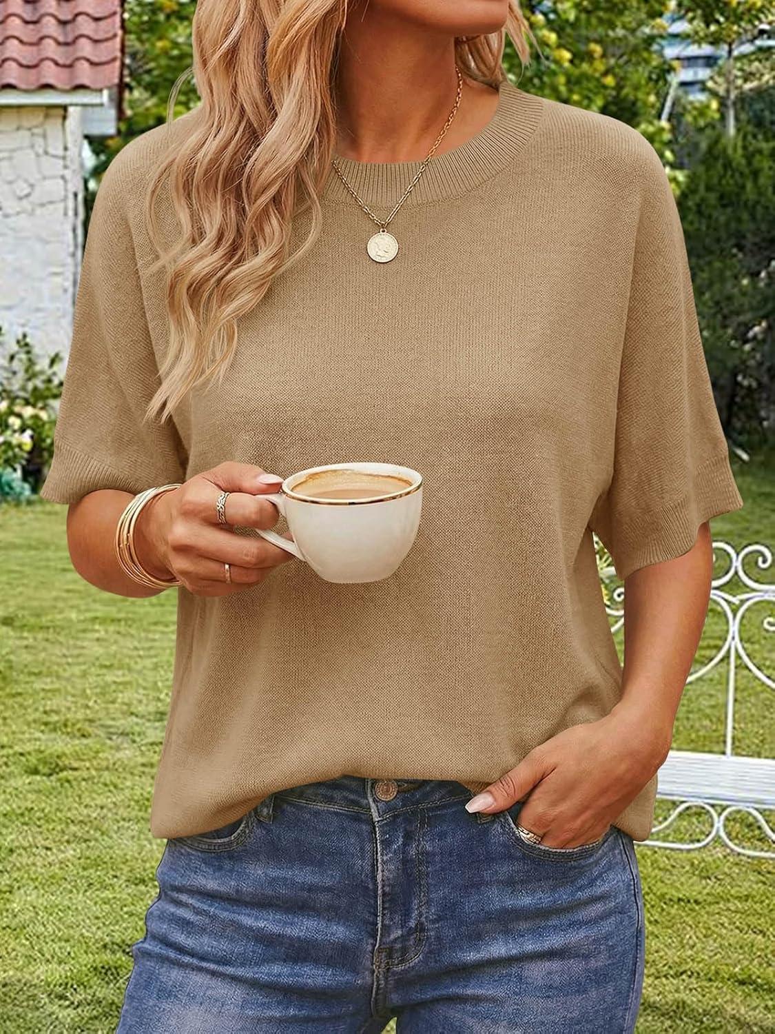 image:imageSaodimallsu Womens Short Batwing Sleeve Sweaters Oversized Crew Neck Casual Basic Knit Pullover Tops ShirtKhaki