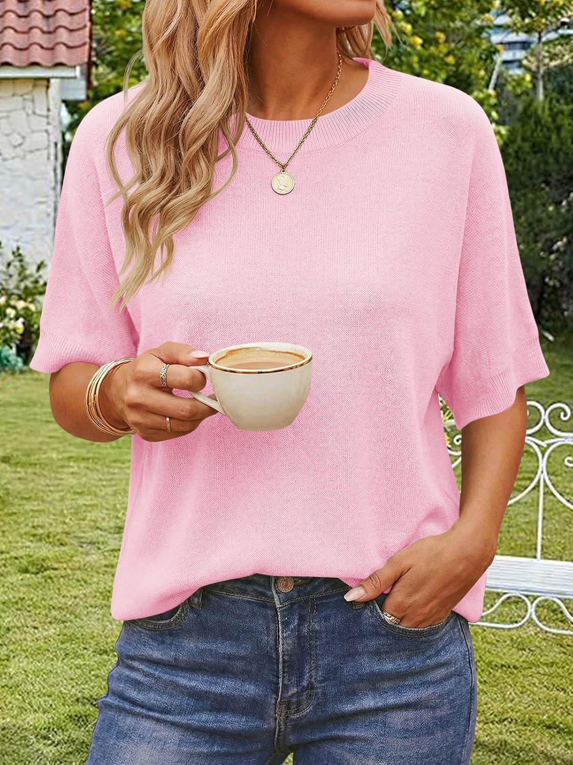 image:imageSaodimallsu Womens Short Batwing Sleeve Sweaters Oversized Crew Neck Casual Basic Knit Pullover Tops ShirtPink