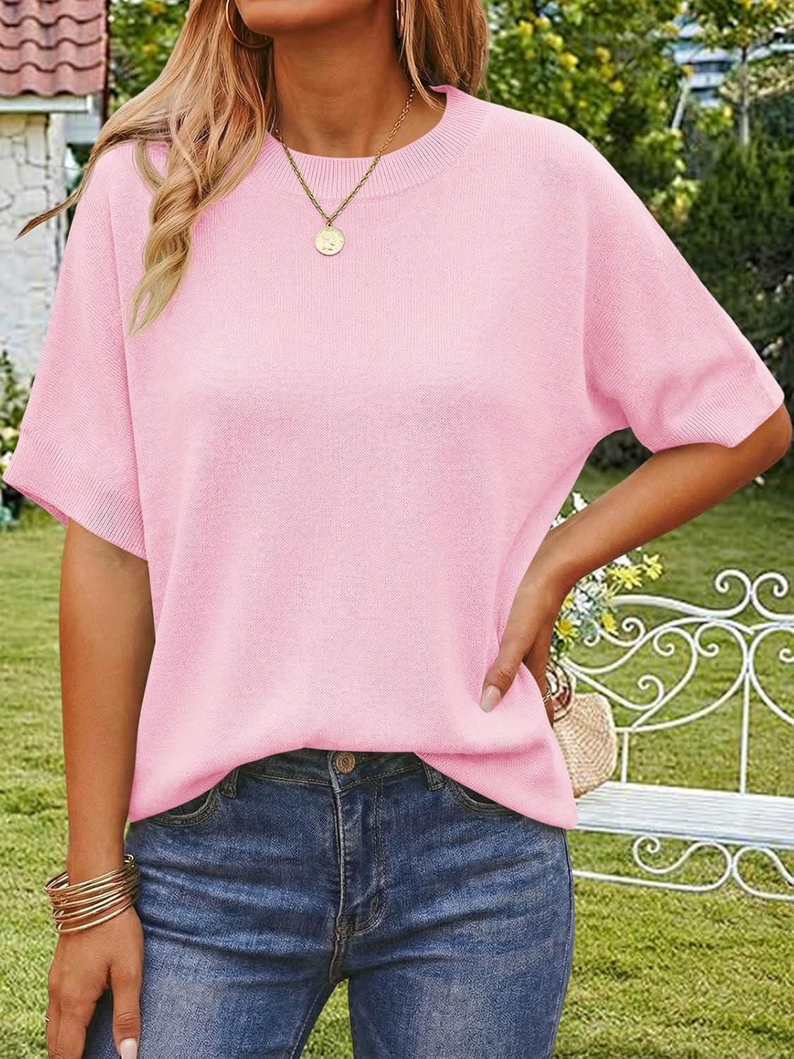 image:imageSaodimallsu Womens Short Batwing Sleeve Sweaters Oversized Crew Neck Casual Basic Knit Pullover Tops ShirtPink