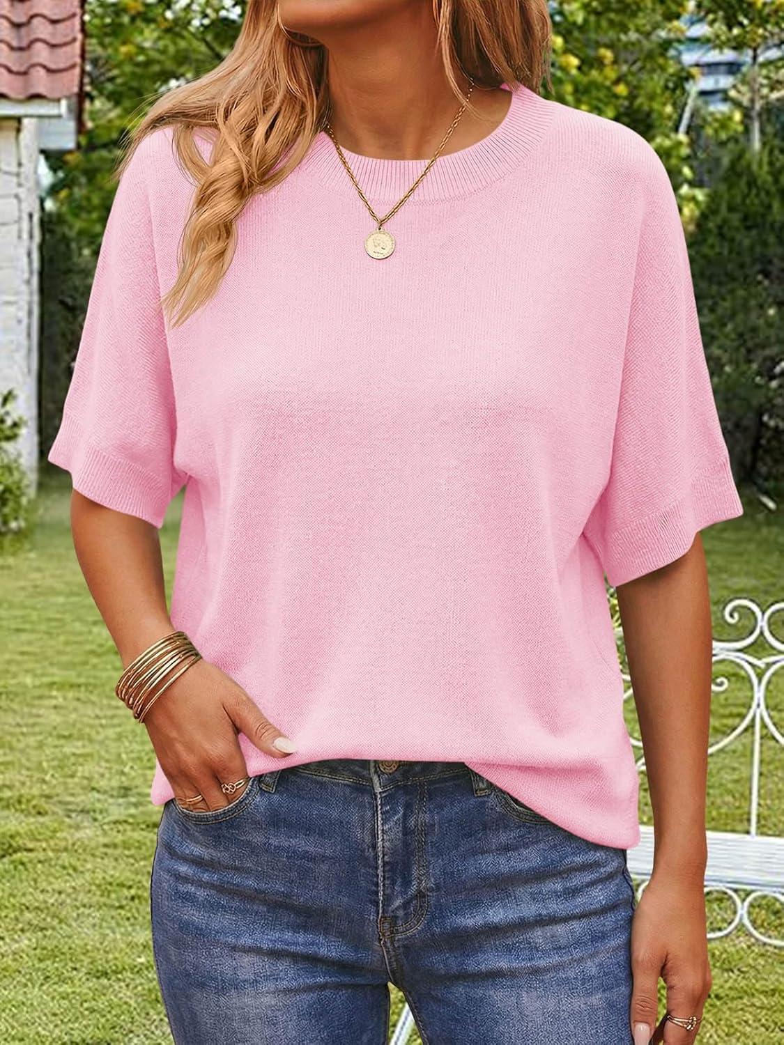 image:imageSaodimallsu Womens Short Batwing Sleeve Sweaters Oversized Crew Neck Casual Basic Knit Pullover Tops ShirtPink
