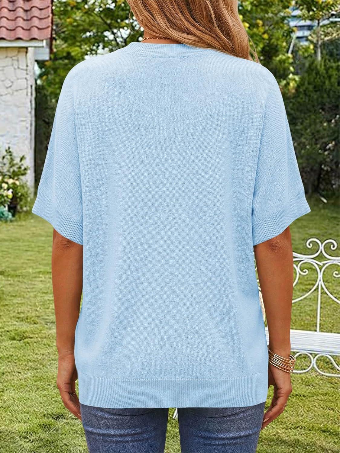 image:imageSaodimallsu Womens Short Batwing Sleeve Sweaters Oversized Crew Neck Casual Basic Knit Pullover Tops ShirtSky Blue
